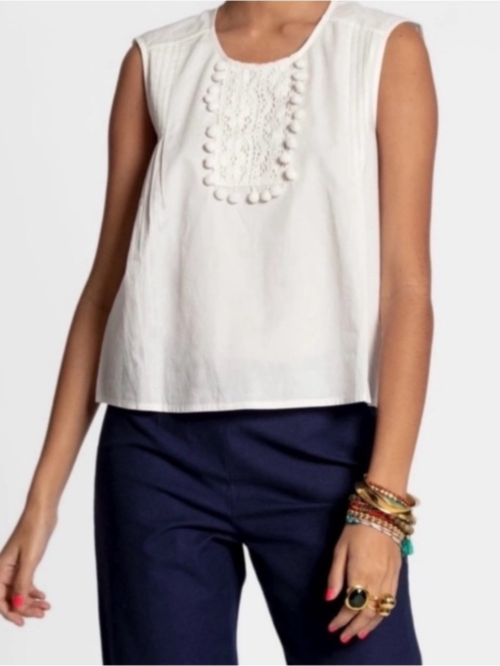 France’s Valentine Sleeveless Bib Front Pom Pom Accent Crewneck Cotton Top Small